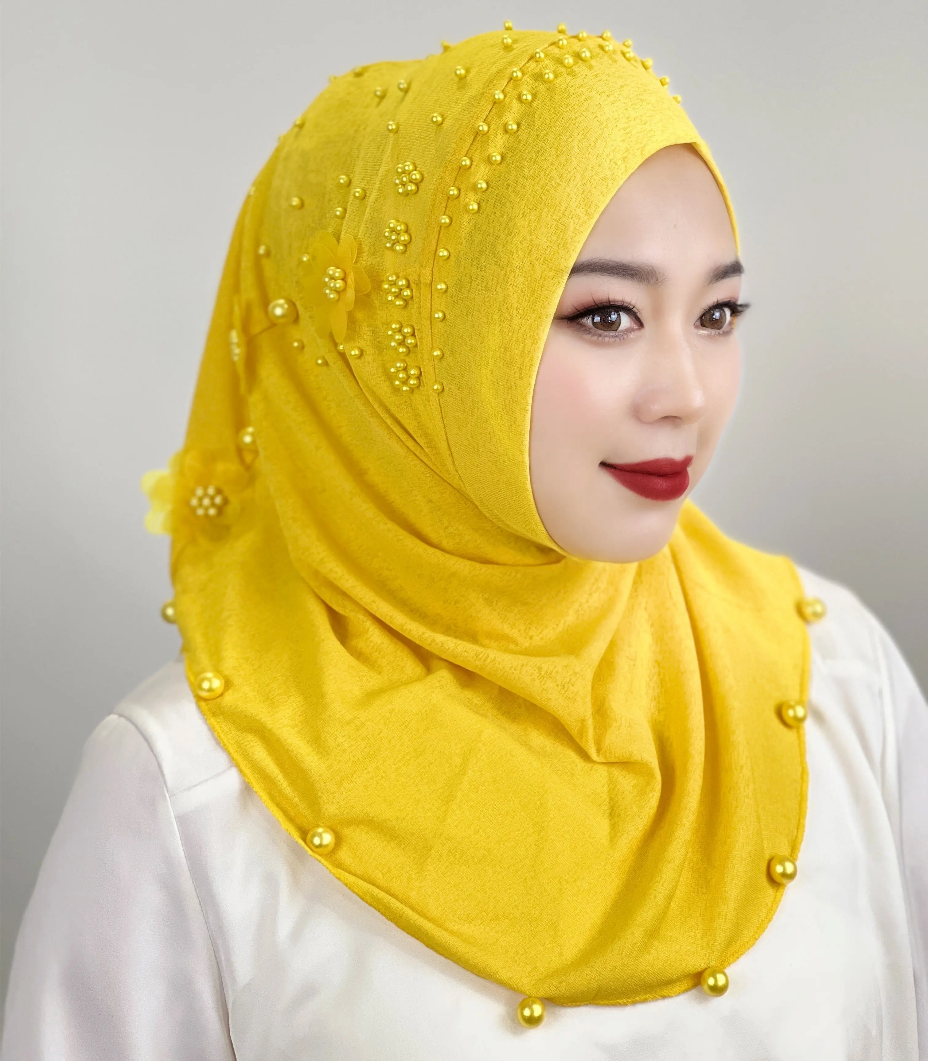 Perles fleur dentelle décoration Haute musulmane femmes nu écharpe dubaï arabe inde Hijab islamique Satin dames Bokep châle