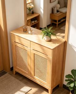 Mueble moderno de madera para guardar zapatos con puertas con persianas y estante abierto, diseño de mediados de siglo, mueble para la entrada. - Product Image 1