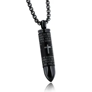 Latest Design Engraved Stainless steel male jesus cross scriptures jewelry cremation urn ash pendant bullet necklace