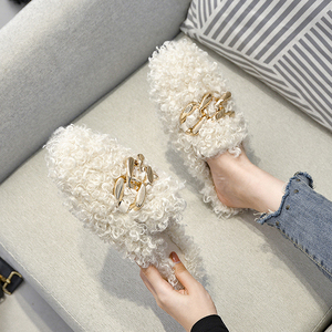 Femmes hiver laine d'agneau appartements <span class=keywords><strong>Mules</strong></span> Femme chaîne décor peluche bouclés fourrure fourrure moelleux mocassins pantoufles - Product Image 5