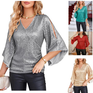 Women's <b>Sequined</b> V-Neck Flared Sleeve <b>Top</b> With Cut-Out Detail Sparkling Party Wear - Product Image 1