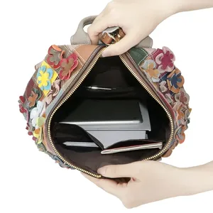 Sac à dos AndoBag à carreaux avec surpiqûres colorées pour femmes, sac à dos rétro en cuir véritable, grande capacité, sac à main 2495 - Product Image 6