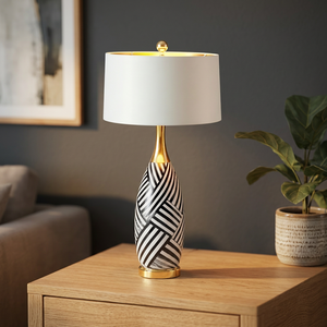 Contemporary Metal Table Lamp with Black White Stripe Pattern Gold Base White Fabric <b>Drum</b> <b>Shade</b> E26 AC Wire Living Room Decor - Product Image 4