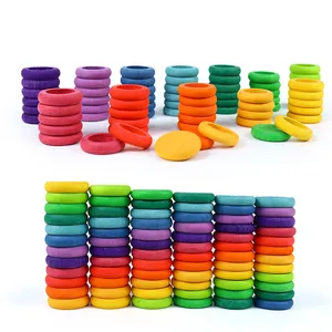 72 buah mainan penghitung blok bulat kayu aneka warna Stacker blok bangunan pelangi untuk anak laki-laki anak perempuan