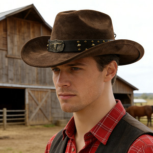 Sombrero de vaquero de gamuza ZhenXi con copa cónica, color sólido, estilo occidental para hombres y mujeres, sombrero de fieltro con banda de cuero y tachuelas. - Product Image 4