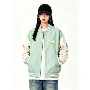 Veste de baseball pour homme avec logo personnalisé, surdimensionnée, à fermeture à boutons-pression, broderie script, manches contrastées et bordures rayées - Product Image 1