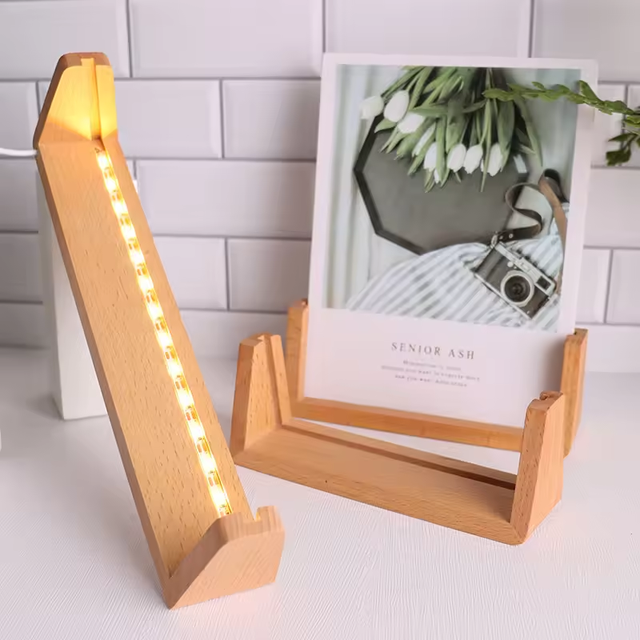 U-shaped Luminous Picture Photo Frame LED Lighting Postcard Holder Solid Wood Meeting Board Wooden Base for Gift