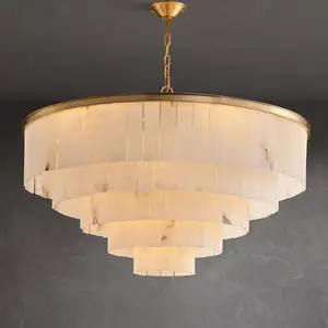 Contemporary Round Large Spanish Alabaster Marble Brass Pendant Light Living Room Hanging Lamp High Ceilings Chandelier