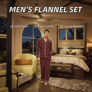 Ensemble de pyjama en flanelle pour homme Msf, ultra-doux, 100% coton, à carreaux classiques, avec poches spacieuses, bleu marine, 220g, lavable en machine - Product Image 2