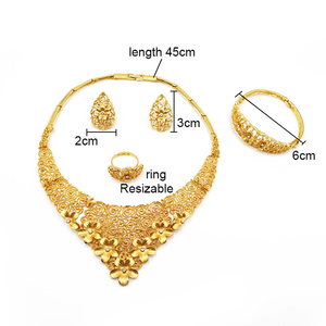 Dubai Set perhiasan emas kalung pengantin Afrika anting cincin gelang Arab <span class=keywords><strong>Saudi</strong></span> Set perhiasan pernikahan wanita