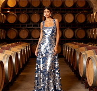 Robe longue de soirée élégante et scintillante pour femme, bleu dégradé, à paillettes, en mousseline, col halter, coupe trapèze, effet illusion, à séchage rapide