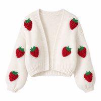 Cardigan Jacquard Fraise Personnalisé pour Femme, Col V Ample, Ouvert sur le Devant, Veste Tricotée, Automne, OEM ODM, Vente en Gros, Commande en Gros, Usine