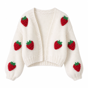 Cárdigan <span class=keywords><strong>de</strong></span> jacquard <span class=keywords><strong>de</strong></span> fresa personalizado para <span class=keywords><strong>mujer</strong></span>, suéter <span class=keywords><strong>de</strong></span> <span class=keywords><strong>punto</strong></span> holgado con cuello en V y frente abierto, para otoño, OEM, ODM, venta al por mayor, pedido a granel, directo <span class=keywords><strong>de</strong></span> fábrica - Product Image 1