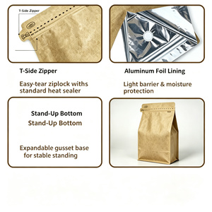 Bolsa de Papel Kraft Laminado BOPP AL PE de Grado Alimenticio, Resellable, con Cierre Superior, para Granos de Café y Té - Product Image 6