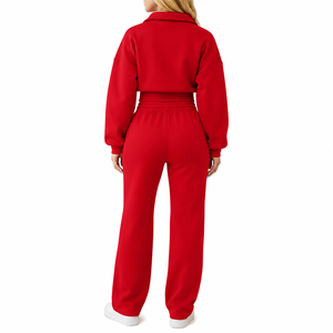 Conjunto Deportivo de 2 Piezas Rojo Personalizado para Mujer, Sudadera Corta con Cierre de Cremallera, Pantalones Anchos con Cordón, Corte Holgado Informal para Todas las Temporadas - Product Image 2