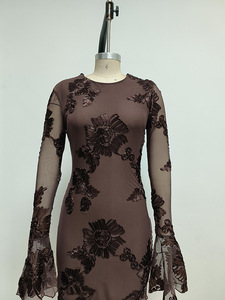 Abito da Sera Vintage Floreale Mini con Maniche Lunghe Trasparenti e Orlo a Matita, Ricamo di Rose Marrone Scuro per Donna, Outfit Formale per Feste - Product Image 5
