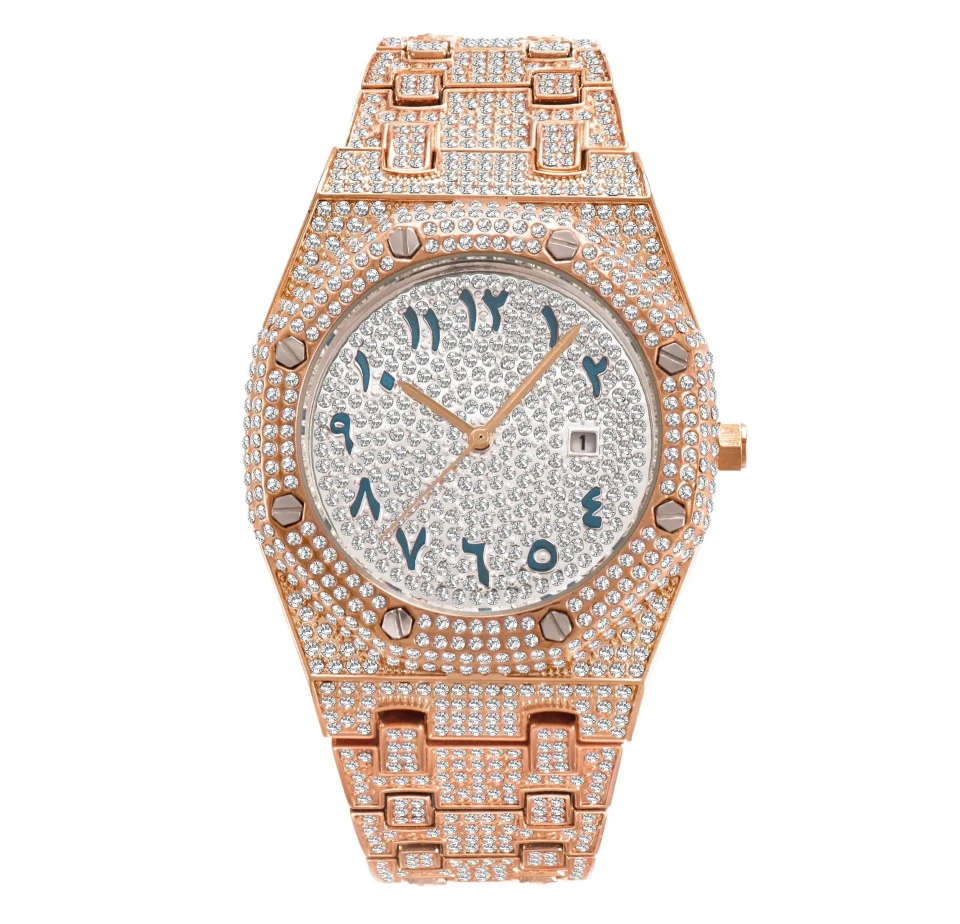 Nieuwe Mode Hot Sale Arabische Nummer Hiphop Bling Bling Gold Iced Out Horloge Luxe Full Drill Quartz Horloges