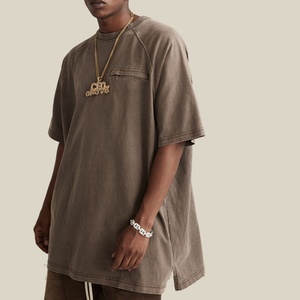 Camiseta Oversize de Algodón Grueso de 270g con Lavado Vintage, Bolsillo con Cremallera, Estilo Urbano, Color Sólido, Casual, para Hombre, Verano - Product Image 5