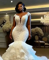 Robes de mariée sirène africaines LY-WD1399, robes de mariée sexy, robe de mariée en dentelle pour femmes, col en V sexy, manches courtes, grande taille