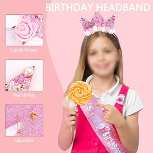 Compleanno fiore principessa corona ragazza fascia e fascia glitterata Set per la ragazza decorazioni di compleanno per la ragazza Happy Birthday Girl - Product Image 4