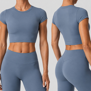 Haut court de sport pour femme 250 GSM, très élastique, sculptant le corps, col rond, manches courtes, t-shirt athlétique pour le yoga, la gym et la course à pied - Product Image 1