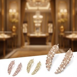 Orecchini a Perno E123 con Piuma, Oro Bianco, Cristalli e Strass, Montatura a Castone, Classici da Donna per Uso Quotidiano - Product Image 2