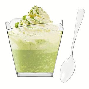 Vasos Cuadrados para Aperitivos, Diseño Nuevo, 3.5 oz, Vasos Transparentes de Plástico para Postres con Cucharas de Degustación para Fiestas y Bodas, Venta al Por Mayor - Product Image 1