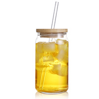 1 Pack 16oz Verre à bière en forme de canette avec couvercle en bambou et paille pour sublimation, pour whisky, café glacé, mojito, soda