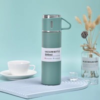 Termo de Acero Inoxidable 304 de Doble Capa y 500 ml, Botella de Agua Portátil con Aislamiento al Vacío, con 3 Tazas de Té, Set de Regalo Empresarial