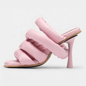 Custom Colors Solid Square Toe Stiletto Sandals Women Summer Puffy Straps Shoes Fancy Design High Heels Mules - Product Image 1