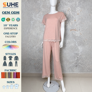 Suhe ชุดนอนผู้หญิงแขนสั้นกางเกงยาวแต่งลูกไม้, ชุดนอนสีทึบมีเชือกผูกสำหรับฤดูใบไม้ผลิหรูหรา - Product Image 2