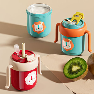 300ml sans BPA PP et bouteille thermos en acier inoxydable pour bébé avec paille imprimés d'animaux mamelon poignée à débit lent - Product Image 2