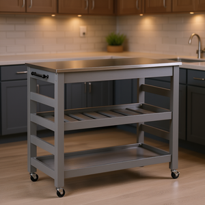 Chariot de cuisine roulant gris avec plateau en acier inoxydable, 2 étagères, 4 roulettes, design moderne, îlot de cuisine - Product Image 2