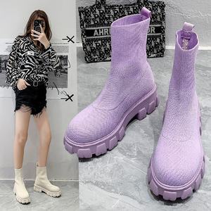 Bottes d'hiver pour femmes, taille 35-43, mode décontractée, en tricot uni, à la cheville, avec chaussettes intégrées - Product Image 4