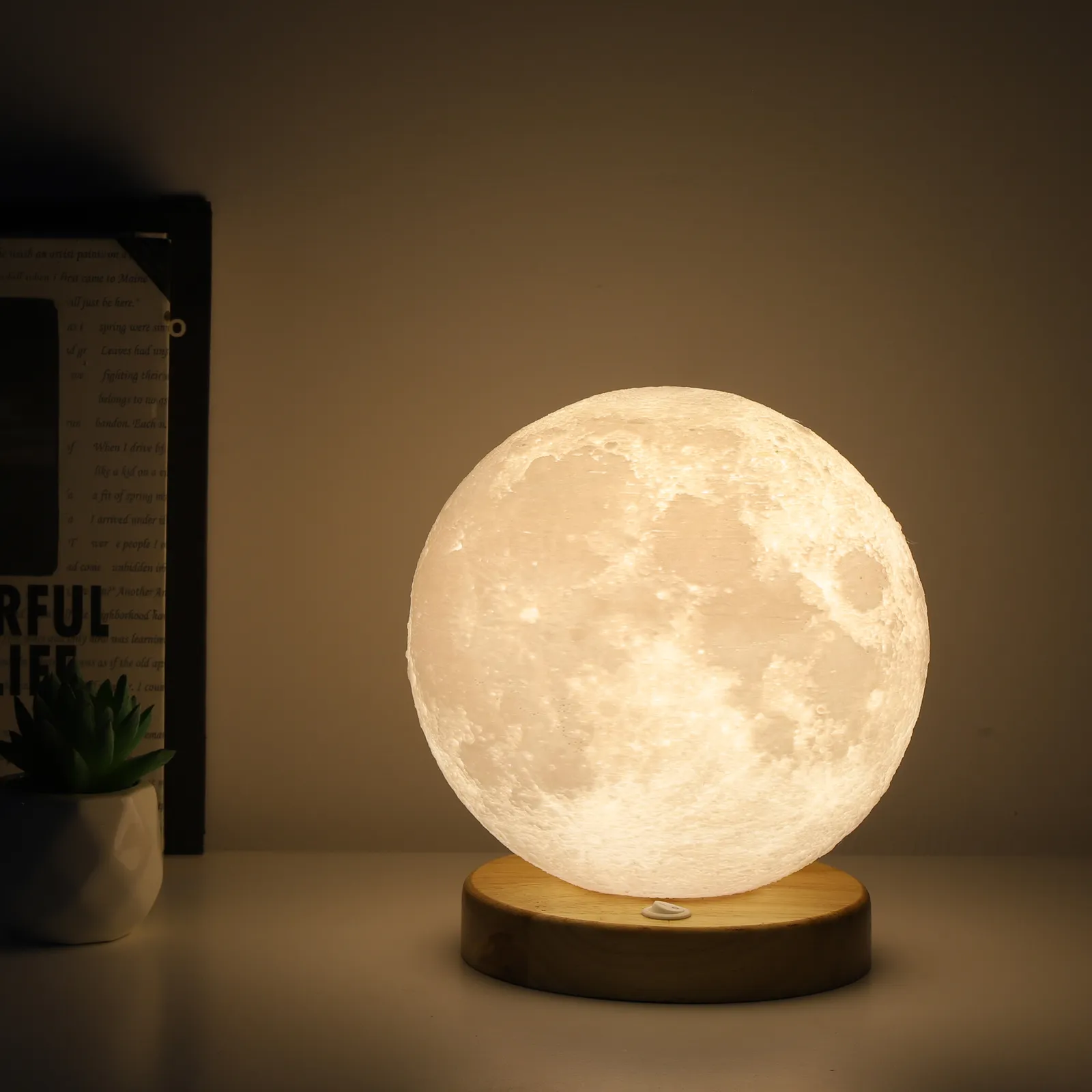 Lámpara Lunar giratoria con estampado 3D, luz inteligente LED con Base de madera, creativa, de mesa, para decoración del hogar, novedad