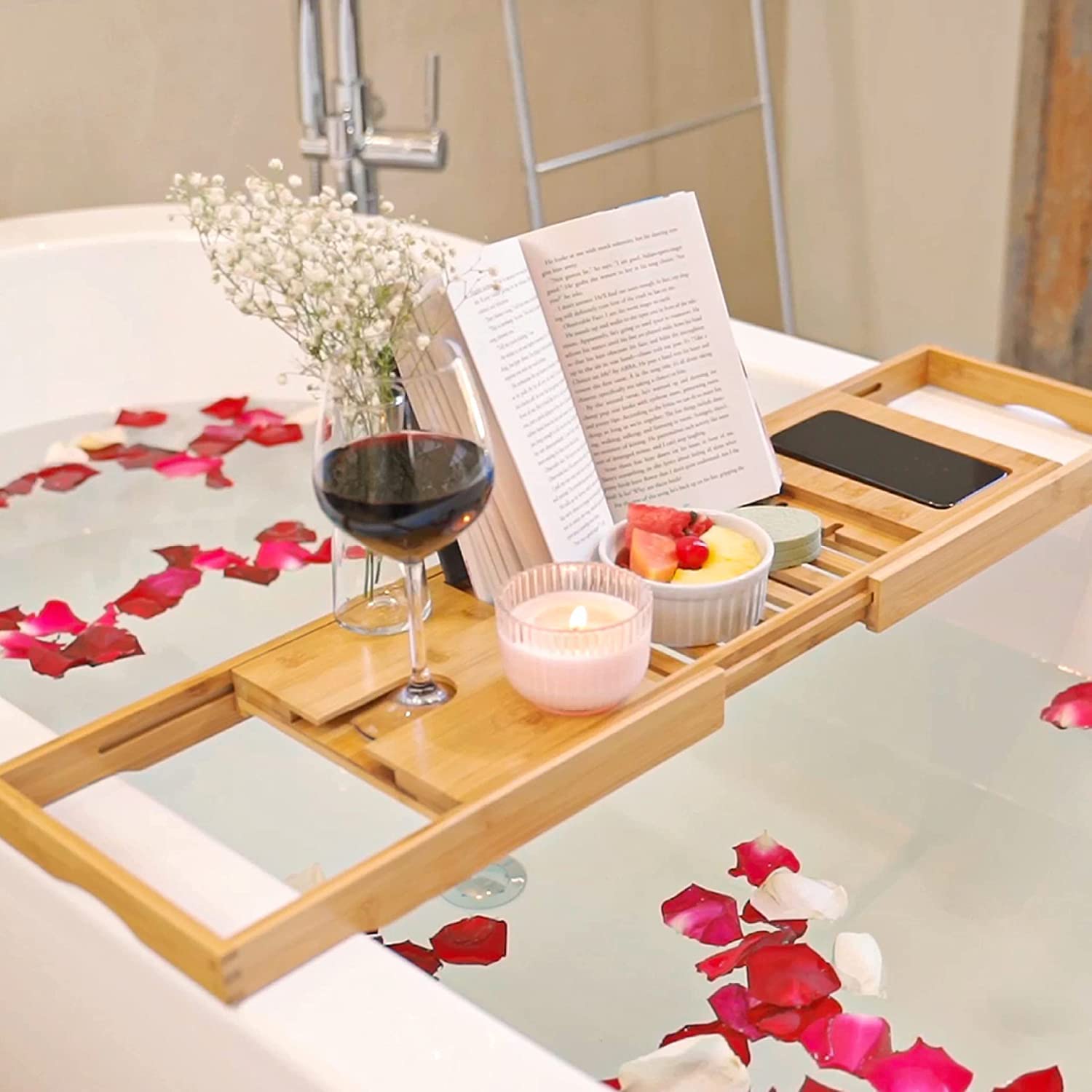 Bamboo Bathtub Caddy Tray Expandable For Luxury Bath, Bath