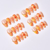 30pcs Kuku Palsu Berkualitas Tinggi 3D Motif Daun Maple Musim Gugur dan Musim Dingin dengan Hiasan Berlian Gaya French