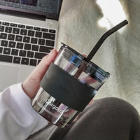 Taza de agua de vidrio de Northern Lights de 450Ml personalizada con tapa y pajita, taza de vidrio reutilizable para café de viaje