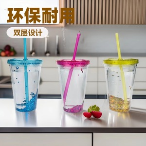 Gobelet à paille en plastique à double paroi, transparent, portable, grande capacité, avec couvercle et paille, pour usage extérieur - Product Image 1