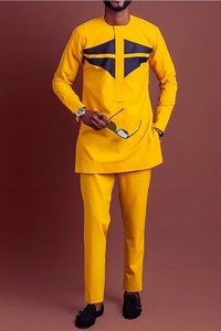 Vêtements traditionnels africains Ensemble kaftan jaune pour hommes Manches longues Tenue dashiki brodée Vêtements formels sur mesure - Product Image 5