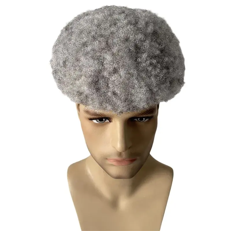 4มิลลิเมตรแอฟริกันหยิกAfro Mens Toupee 1b80สีเทาลูกไม้TopperอินเดียRemyวิกผมมนุษย์สําหรับชายสีเทาผม