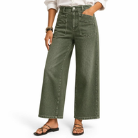 Jeans pour femmes, taille haute, vert olive, cargo, jambes larges, denim vintage lavé, multi-poches
