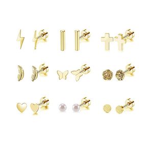 Lot <span class=keywords><strong>de</strong></span> 9/18 paires <span class=keywords><strong>de</strong></span> clous d'oreilles hypoallergéniques en acier inoxydable 316L à dos plat pour cartilage, calibre 20G, R.GEM. Bijoux - Product Image 3