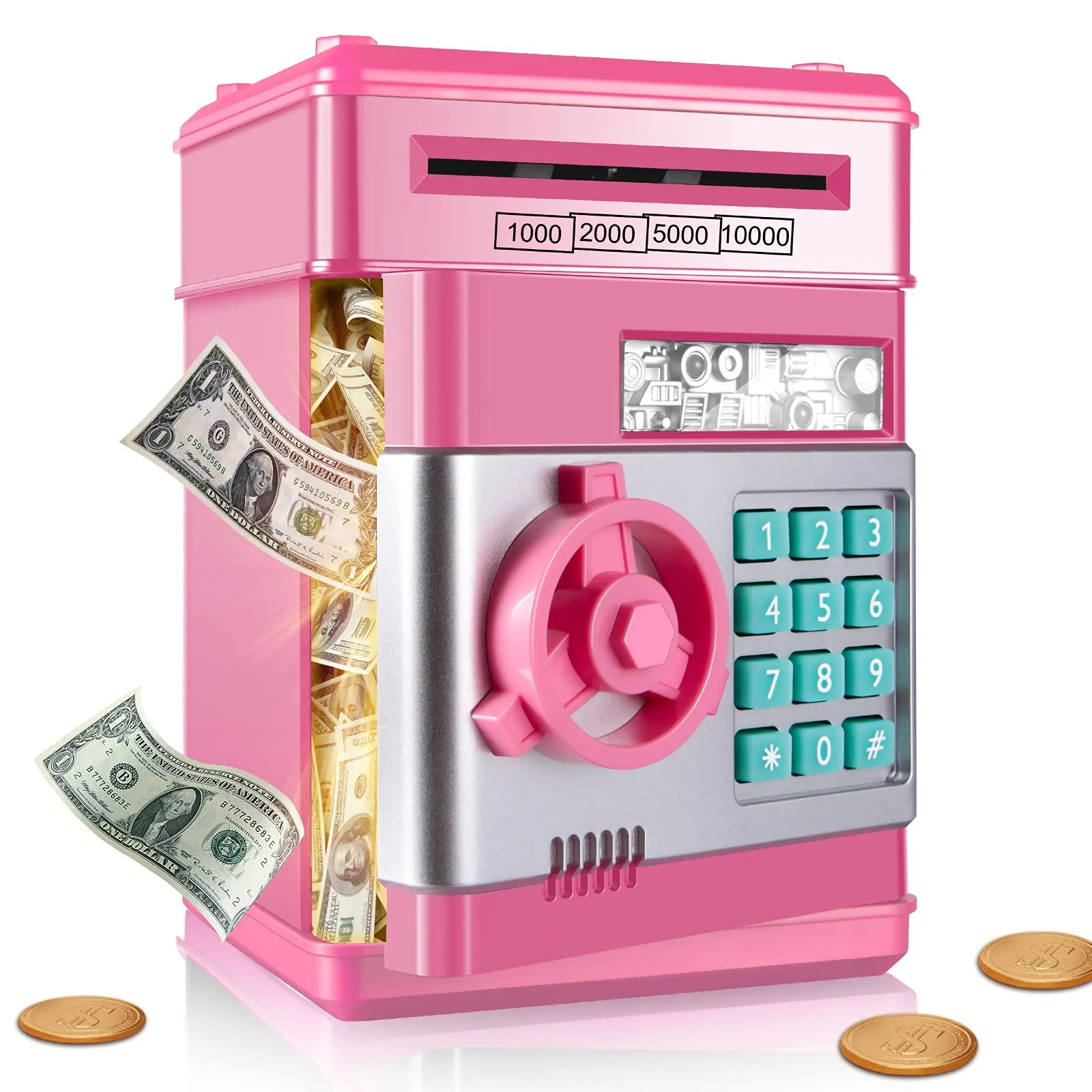 High quality plastic pink money box with password save paper money and coin mini electric ATM piggy bank for kids