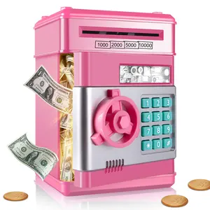 高品质塑料粉色钱箱，带密码，节省纸币和硬币迷你儿童自动取款机储钱罐