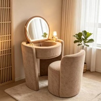 Coiffeuse murale moderne en tissu mélaminé Pin pour hôtel, avec miroir LED 3 couleurs réglable multi-angles, pour chambre à coucher