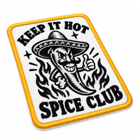 Broderie personnalisée Food Club avec motif Chef à Moustache, texte 'Keep It Hot' et bordure dorée pour vestes, sacs et articles promotionnels AWELLS