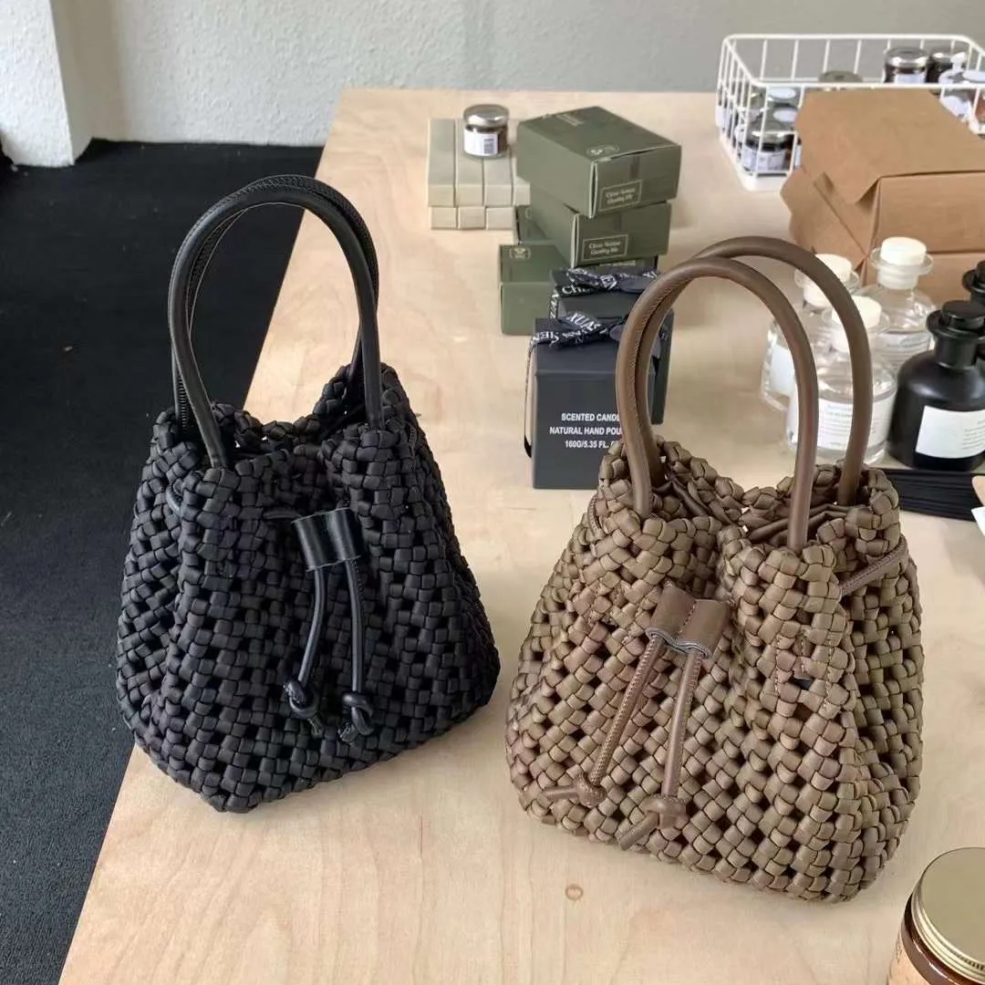 hot sale woven neoprene high quality handmade top handle handbag drawstring shoulder bucket bag for women wholesale