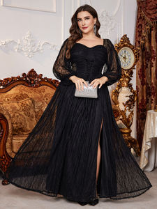 Nouvelle Robe de Soirée Noire Grande Taille, Col <span class=keywords><strong>Carré</strong></span>, Dos Nu, Élégante, Vintage, avec Patchwork de Dentelle, Cordon de Serrage, Fente et Ourlet Évasé - Product Image 2