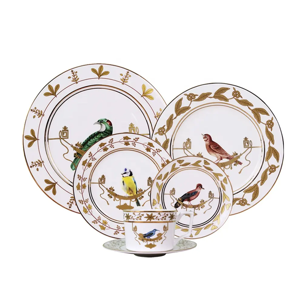 Set alat makan keramik piring burung emas, set peralatan makan malam porselen keras kelas atas